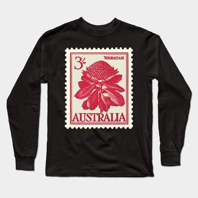 Australian Waratah Vintage Postage Stamp Long Sleeve T-Shirt by Mark Richards